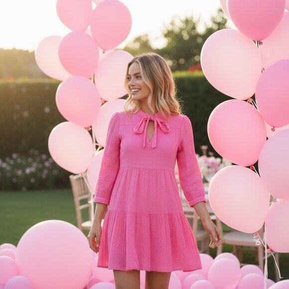 Honorine Dresses & Skirts - Honorine Pink Tie Neck Mini Dress XS Cotton A Line Tiered 3/4 Sleeve Boho Summer